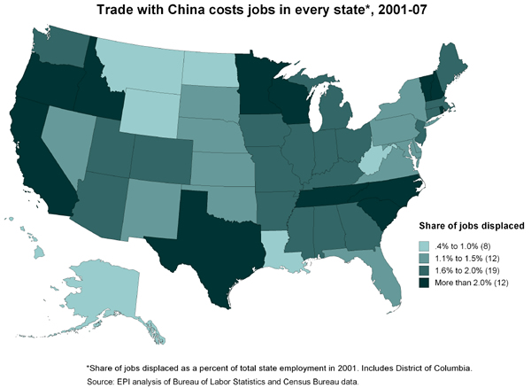 Trade with China costs jobs in every state*, 2001-07
